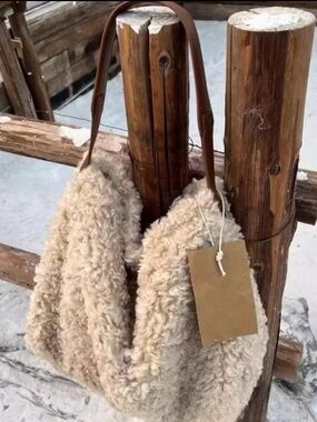 Plush Faux-Shearling Shoulder Bag in Beige with Brown Straps